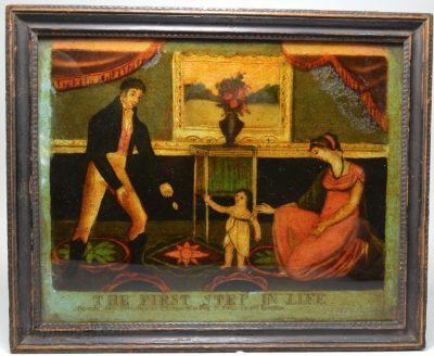 Small reverse print on glass 'THE FIRST STEP IN LIFE', circa 1810