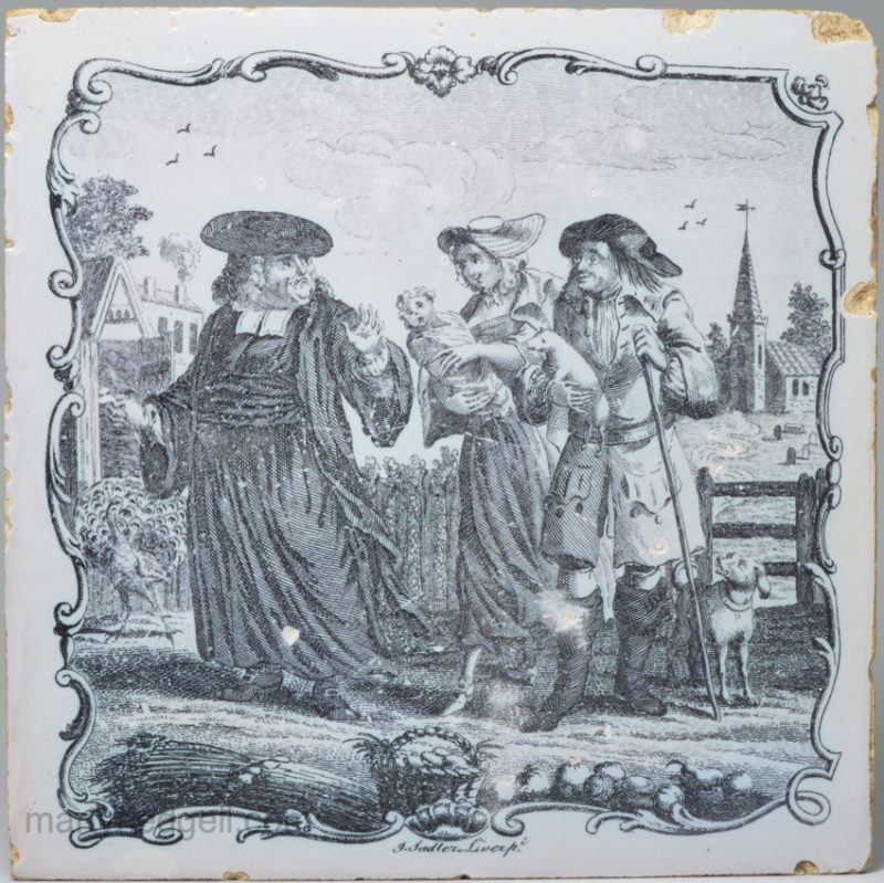 Liverpool delft tile decorated with a signed Sadler print of the Tythe Pig, circa 1765