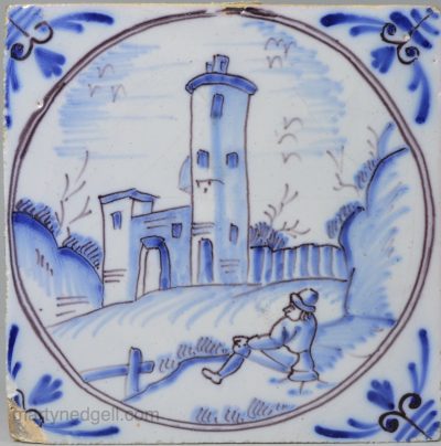 Rare London delft tile painted in blue with manganese outlines, circa 1740