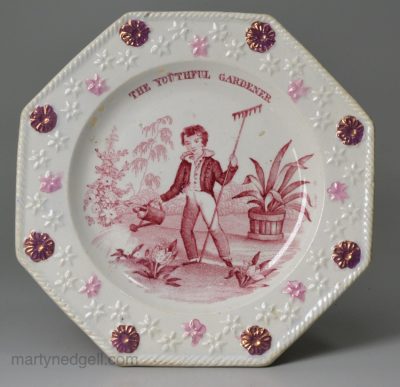 Pearlware pottery child's plate 'THE YOUTHFUL GARDENER', circa 1844, Davenport Pottery Staffordshire