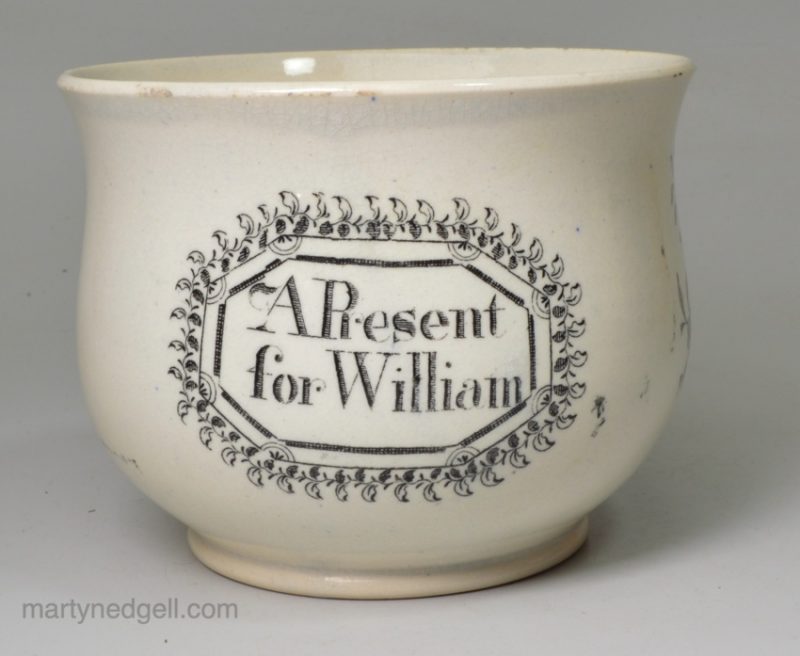 Pearlware mug decorated with a black print 'A Present for William', circa 1840