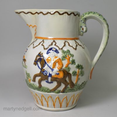 Prattware pottery jug moulded with the Duke of York, circa 1800