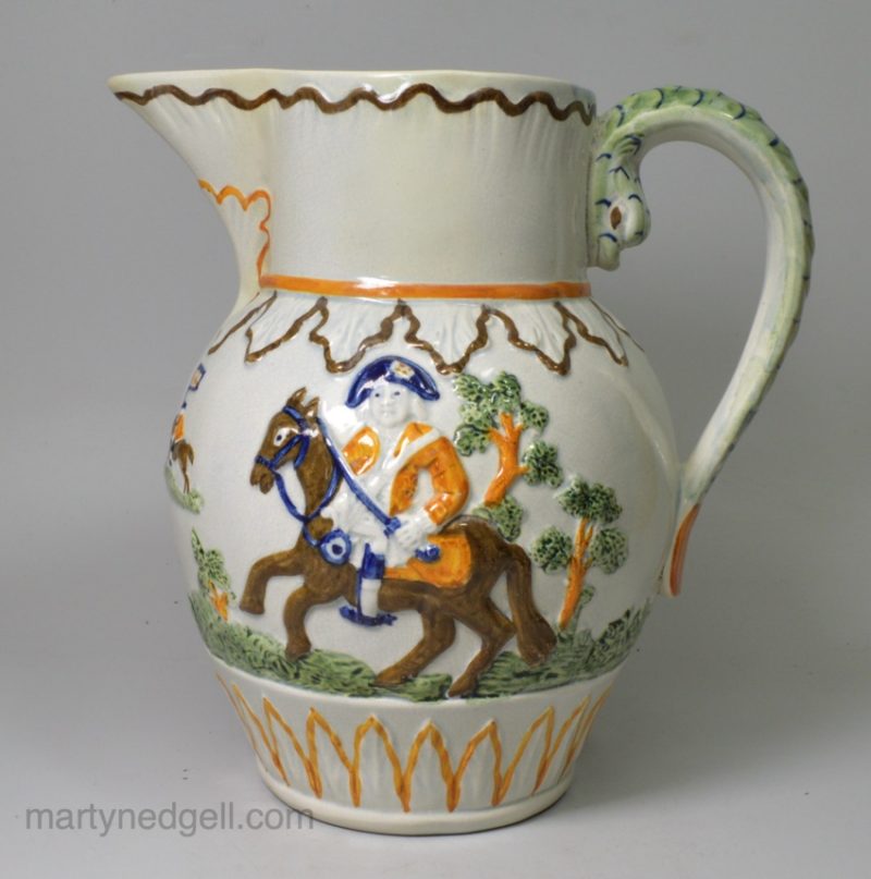 Prattware pottery jug moulded with the Duke of York, circa 1800