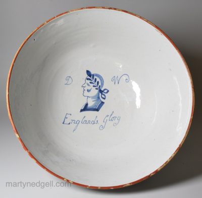 Commemorative London delft bowl, Duke William of Cumberland, 'Englands Glory', circa 1745