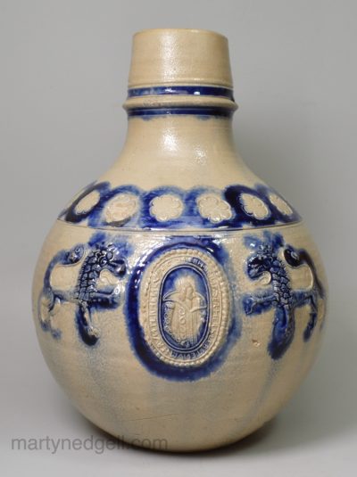 Westerwald salt glaze stoneware jug dated 1634