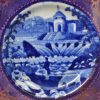Pearlware pottery cup plate decorated with a blue transfer print and a pink lustre border, circa 1820