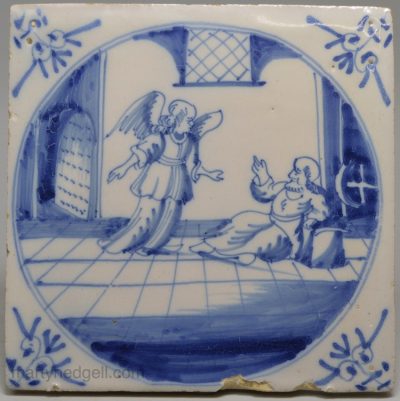 Dutch Delft biblical tile, circa 1750 An Angel appearing to Peter