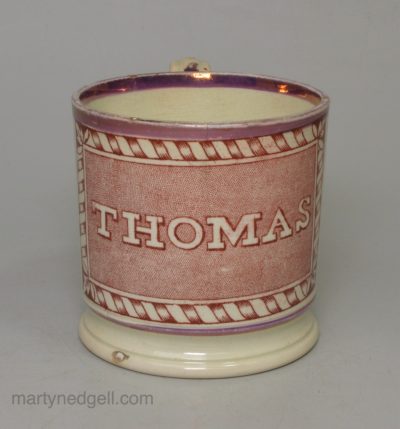 Pearlware pottery child's mug 'THOMAS', circa 1820