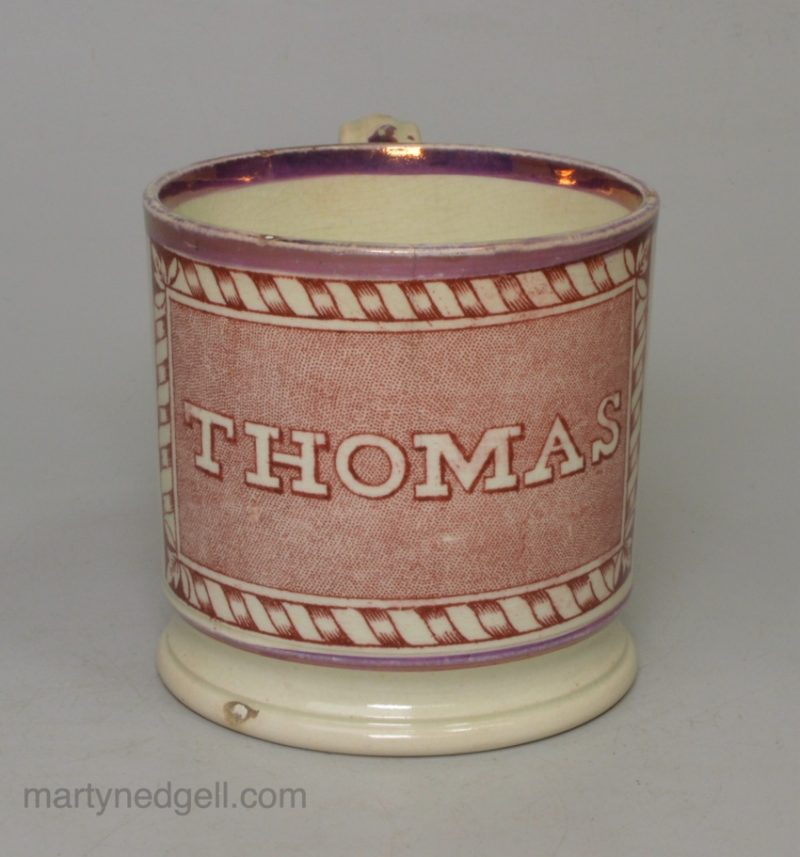 Pearlware pottery child's mug 'THOMAS', circa 1820