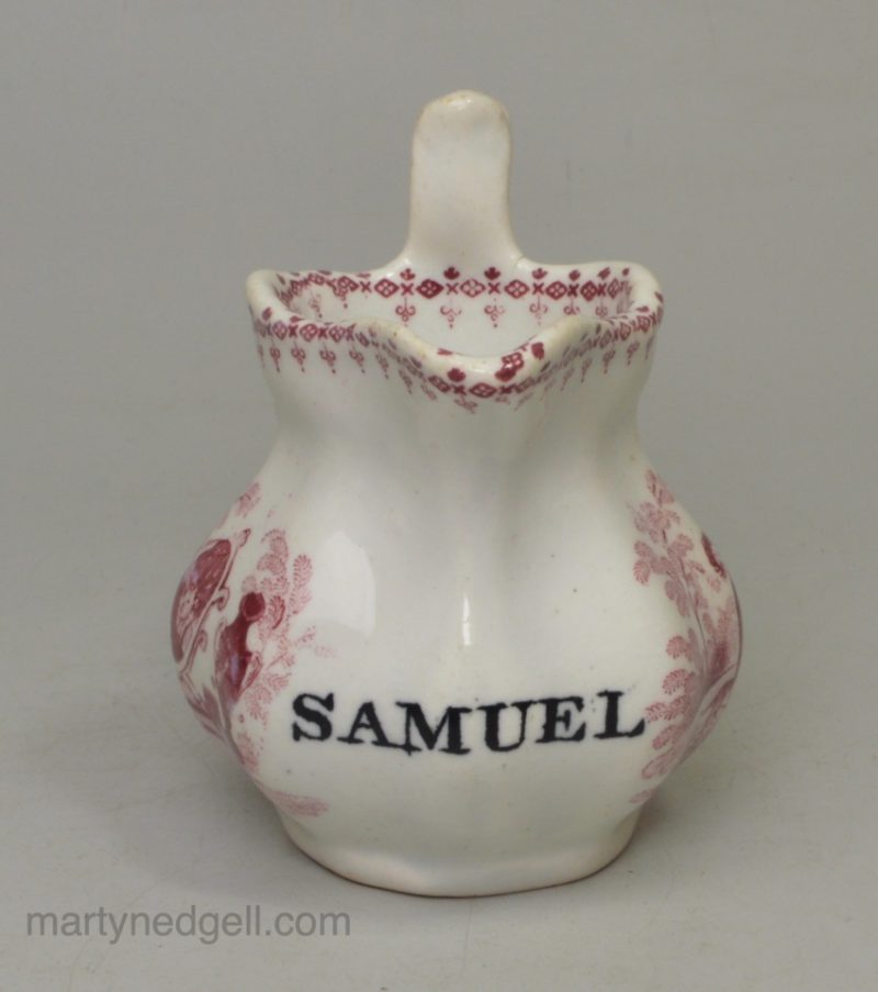 Pearlware pottery child's jug, 'SAMUEL', circa 1830