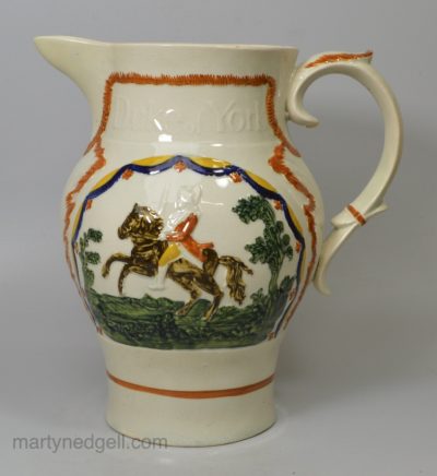 Prattware pottery jug mould with the Duke of York and Prince Cobourg, circa 1810