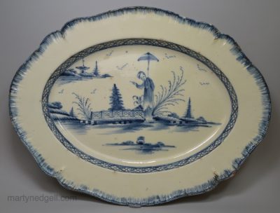 Large creamware pottery shell edge platter decorated in blue under the glaze, circa 1790