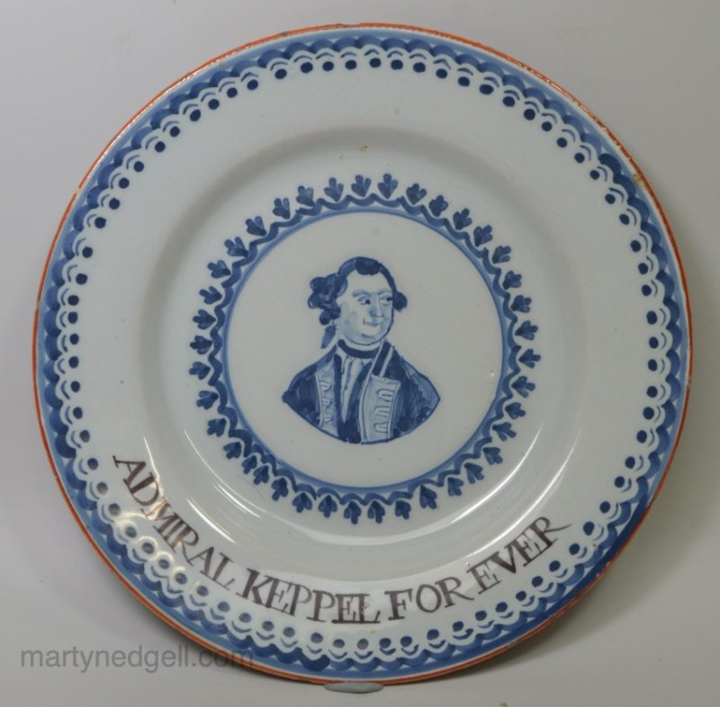 London delft plate 'ADMIRAL KEPPLE FOR EVER', circa 1779