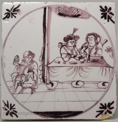 Bristol delft biblical tile, the rich man and Lazarus, tile, circa 1750