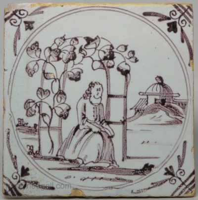 London delft biblical tile, Jonah under a gourd, tile, circa 1750
