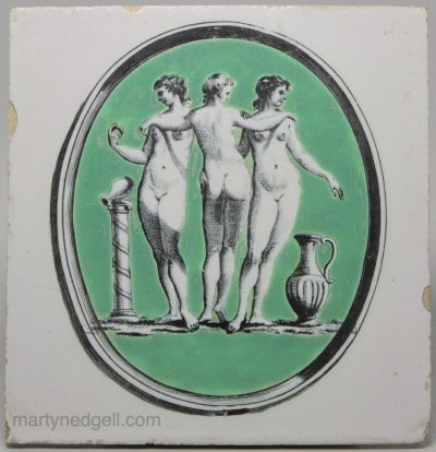 Liverpool delft tile decorated with a Sadler print 'The Three Graces', circa 1775