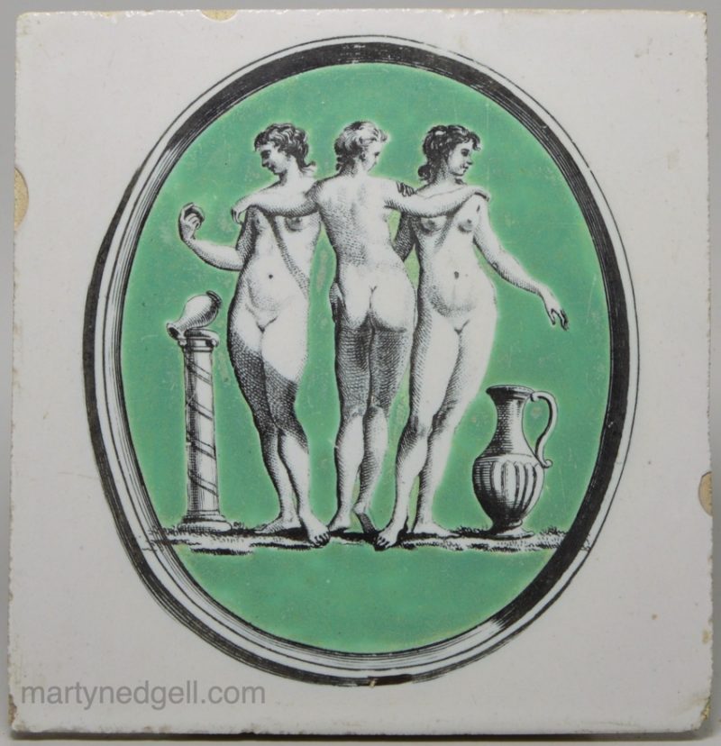 Liverpool delft tile decorated with a Sadler print 'The Three Graces', circa 1775
