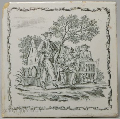 Liverpool delft tile decorated with a Sadler print or a country dancer, circa 1765
