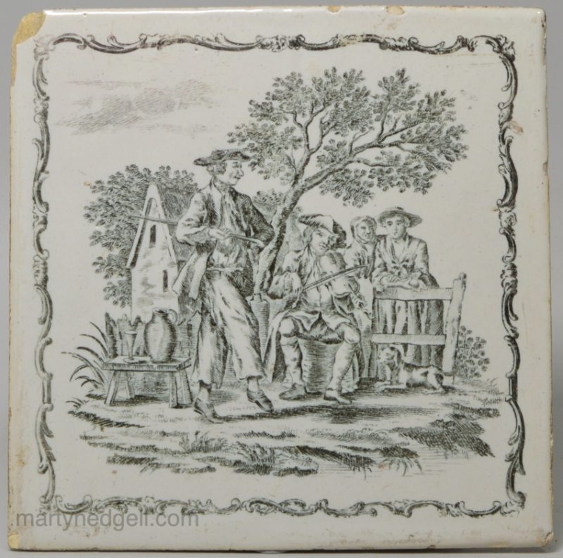 Liverpool delft tile decorated with a Sadler print or a country dancer, circa 1765