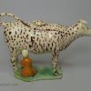 Creamware pottery cow creamer decorated with colours under the glaze, circa 1810