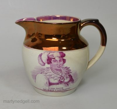 Small commemorative 'GREEN BAG' pearlware pottery jug 'GOD SAVE QUEEN CAROLINE', circa 1821