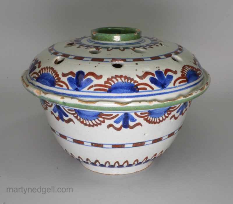 Bristol delft blue, red and green flower holder, circa 1720