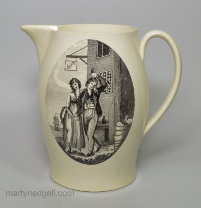 Creamware pottery jug printed with a sailor and his lass outside the Anchor pub, circa 1790