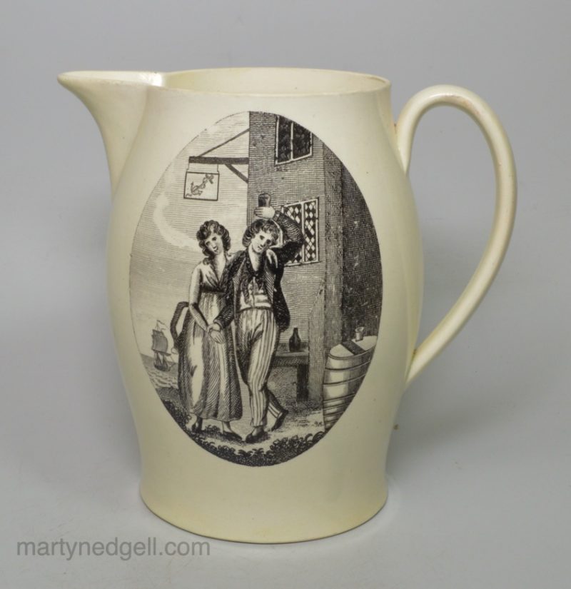 Creamware pottery jug printed with a sailor and his lass outside the Anchor pub, circa 1790