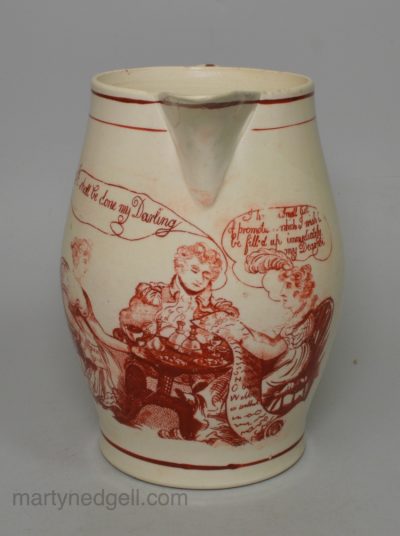 Creamware pottery jug with a print lampooning the Duke of York and Mrs. Clarke, circa 1809