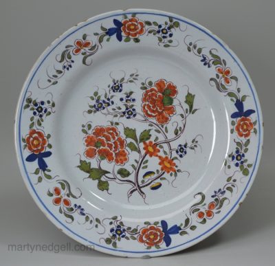 London delft polychrome plate, dated 14th January 1765