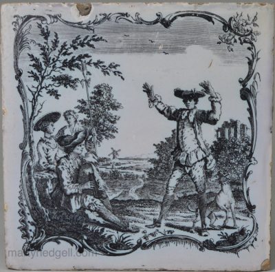 Liverpool Delft tile decorated with a Sadler print of a man dancing to bagpipes, circa 1765