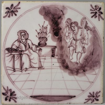 Bristol delft biblical tile, the Annunciation, circa 1750