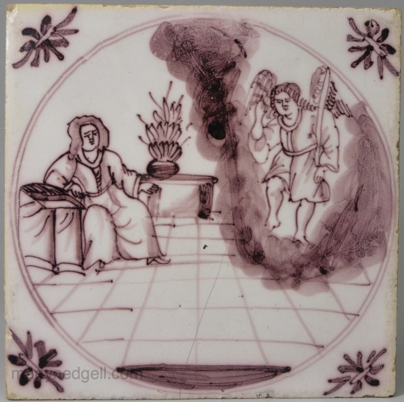 Bristol delft biblical tile, the Annunciation, circa 1750