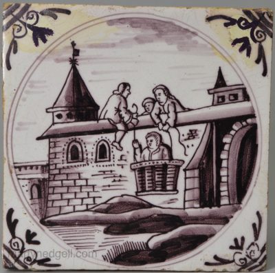 London delft biblical tile, St Peter escaping from Damascus, circa 1740
