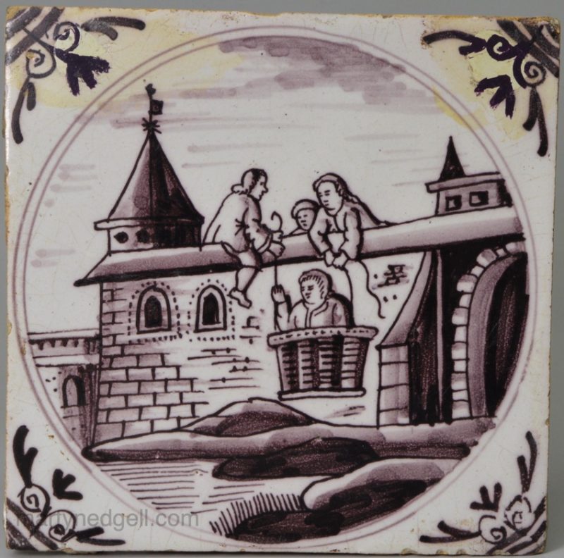 London delft biblical tile, St Peter escaping from Damascus, circa 1740