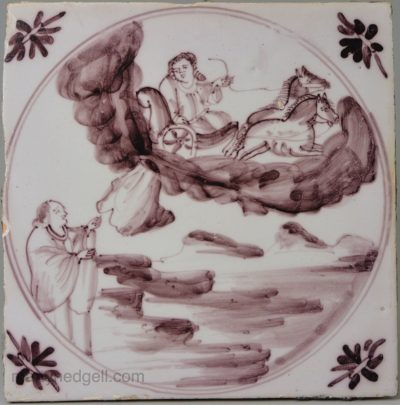 Bristol delft biblical tile, Elijah taken up to heaven, circa 1750