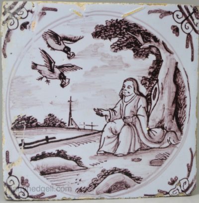 London delft biblical tile, Elijah and the ravens, circa 1740