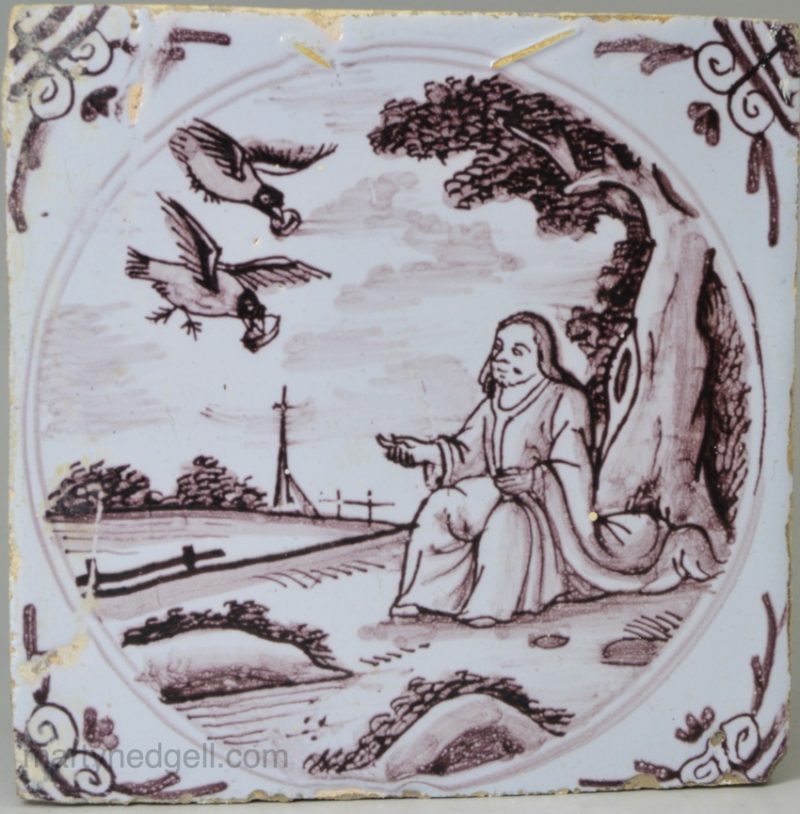 London delft biblical tile, Elijah and the ravens, circa 1740