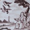 London delft biblical tile, Elijah and the ravens, circa 1740
