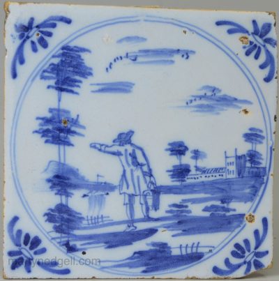 Bristol delft tile decorated with a man carrying a bucket, circa 1750