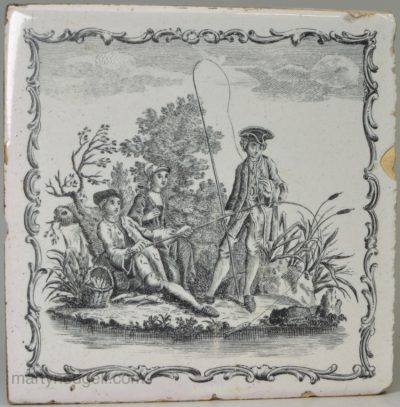 Liverpool delft tile decorated with a Sadler print of youths fishing, circa 1760