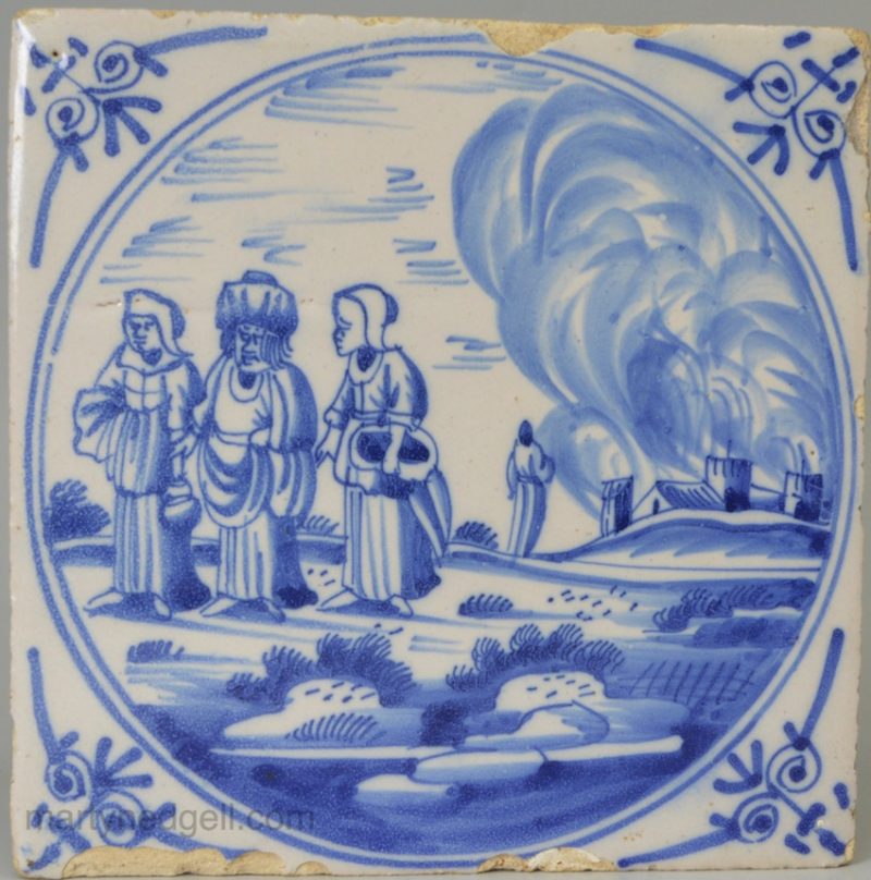 Dutch Delft biblical tile, Lot & his daughters coming away from Gomorrah with Lot's wife turned into a pillar of salt, circa 1750