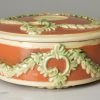 Creamware pottery snuff box decorated with brown slip and green glaze sprigs, circa 1780