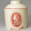 Creamware pottery tea canister decorated for the Dutch market with a print of William V of Orange, circa 1780