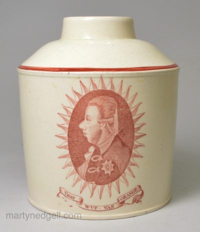 Creamware pottery tea canister decorated for the Dutch market with a print of William V of Orange, circa 1780