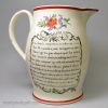 Creamware pottery jug decorated with a print of 'an English JACK-TAR giving MONSIEUR a drubbing', circa 1800