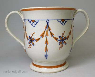 Large prattware pottery loving cup, circa 1820