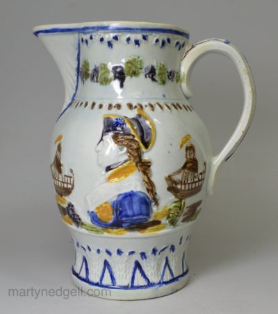 Prattware pottery commemorative jug moulded with Admiral Duncan and Captain Trolop (sic), circa 1800
