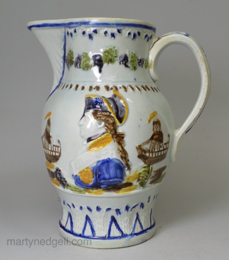 Prattware pottery commemorative jug moulded with Admiral Duncan and Captain Trolop (sic), circa 1800
