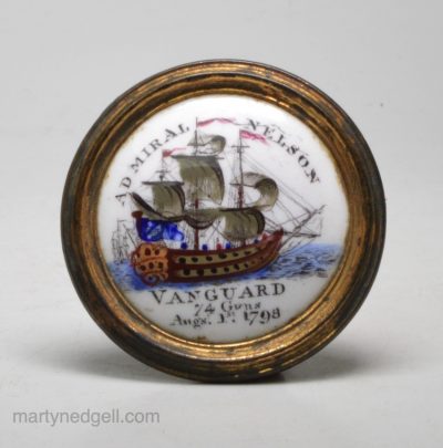 Commemorative Bilston enamel cloak pin 'ADMIRAL NELSON and the ship VANGARD', dated August 17th 1798, one of two